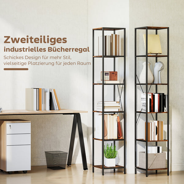 Bücherregal 2er Set mit 6 Ebenen für Wohnzimmer und Büro Stahl