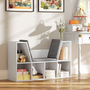 Bücherregal mit 6 Fächern und Sitzkissen Leinenoptik Weiss