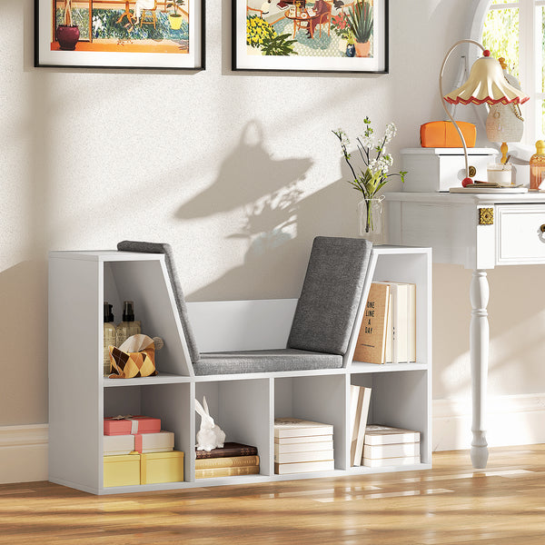 Bücherregal mit 6 Fächern und Sitzkissen Leinenoptik Weiss