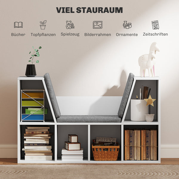 Bücherregal mit 6 Fächern und Sitzkissen Leinenoptik Weiss