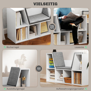 Bücherregal mit 6 Fächern und Sitzkissen Leinenoptik Weiss