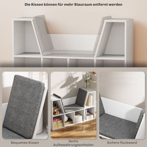 Bücherregal mit 6 Fächern und Sitzkissen Leinenoptik Weiss