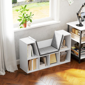 Bücherregal mit 6 Fächern und Sitzkissen Leinenoptik Weiss