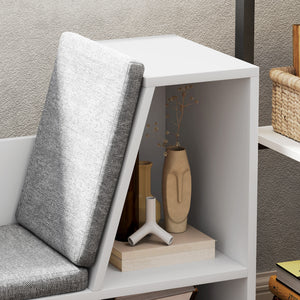 Bücherregal mit 6 Fächern und Sitzkissen Leinenoptik Weiss