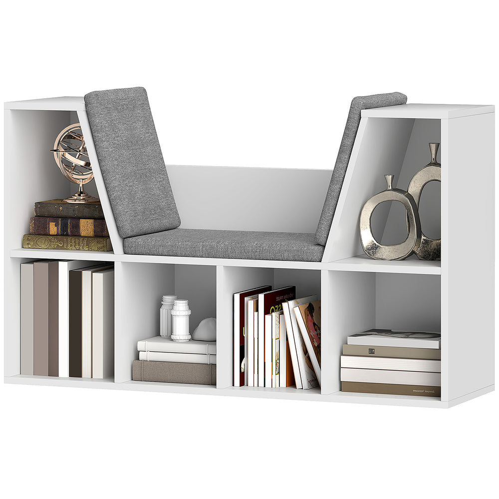 Libreria con 6 scomparti e cuscino di seduta, effetto lino, bianco