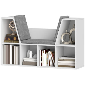Bücherregal mit 6 Fächern und Sitzkissen Leinenoptik Weiss