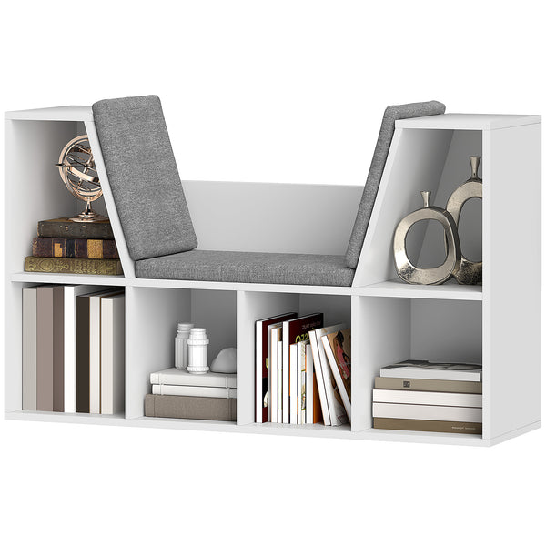 Bücherregal mit 6 Fächern und Sitzkissen Leinenoptik Weiss