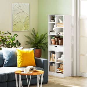 Bücherregal 9 Regale 1 Schublade mit Anti-Kippsicherung 60x26x158cm Weiss