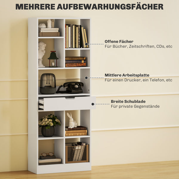 Bücherregal 9 Regale 1 Schublade mit Anti-Kippsicherung 60x26x158cm Weiss