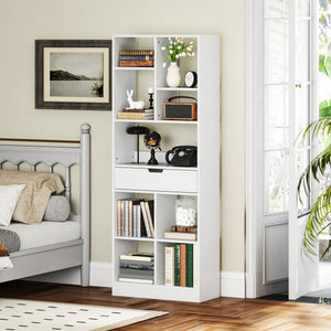 Bücherregal 9 Regale 1 Schublade mit Anti-Kippsicherung 60x26x158cm Weiss