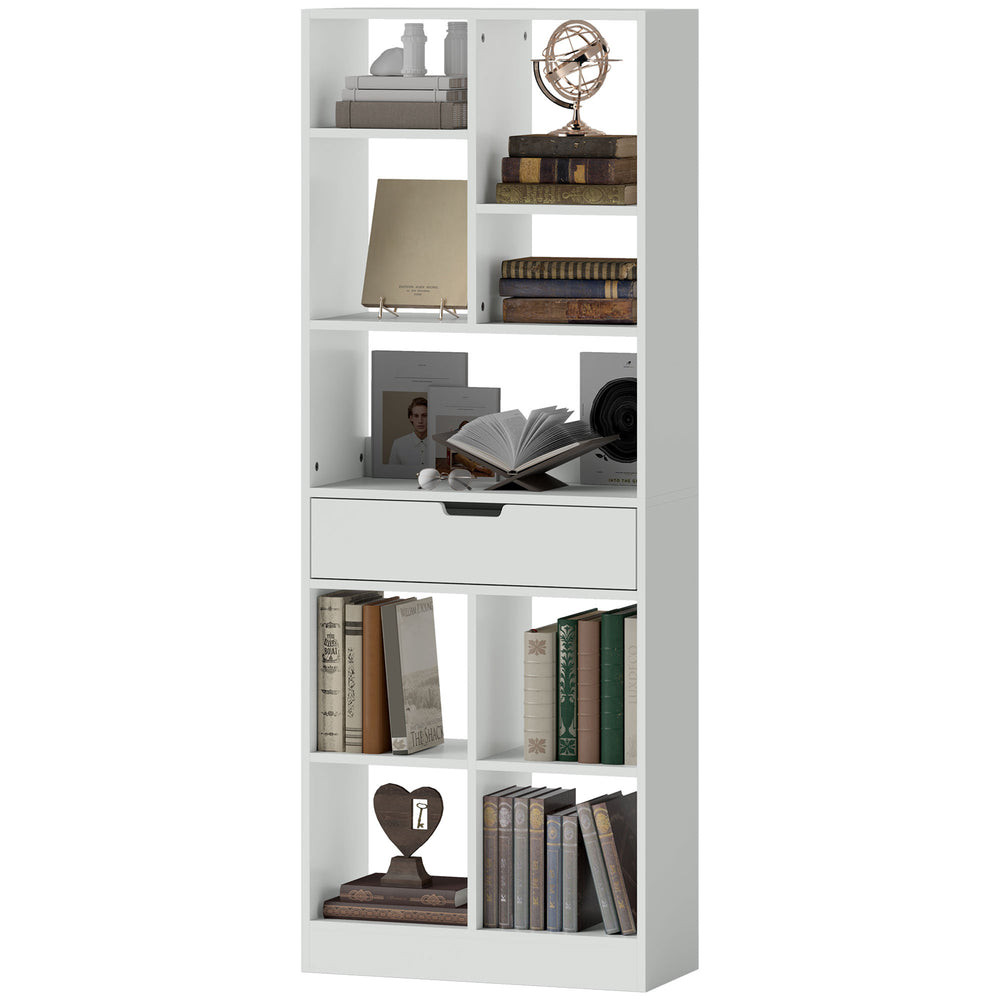 Libreria con 9 ripiani e 1 cassetto, con protezione antiribaltamento, 60x26x158cm, bianca