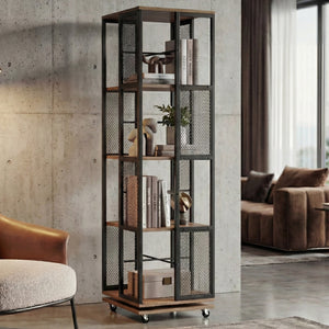 Bücherregal Standregal Drehregal Rollen Metall Industrial 147x40x40cm braun