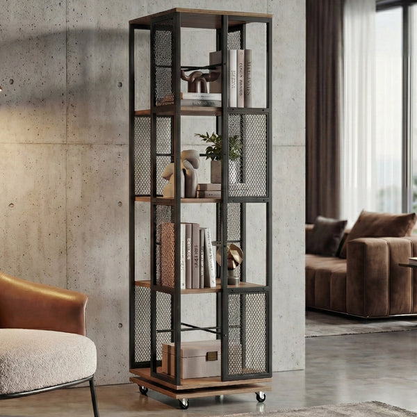 Bücherregal Standregal Drehregal Rollen Metall Industrial 147x40x40cm braun