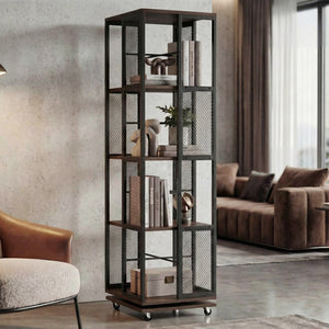 Bücherregal Standregal Drehregal Rollen Metall Industrial 147x40x40cm dunkelbraun