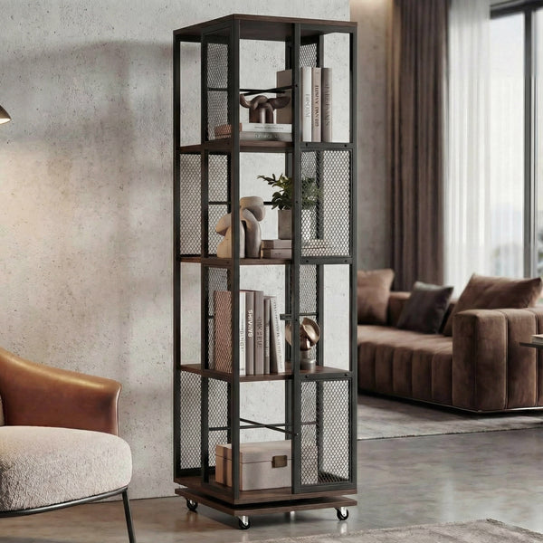 Bücherregal Standregal Drehregal Rollen Metall Industrial 147x40x40cm dunkelbraun