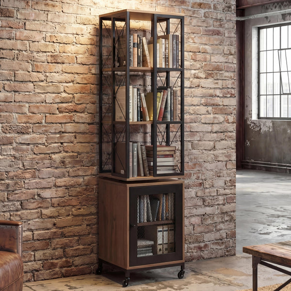 Bücherregal Standregal Drehregal Rollen Tür Metall Industrial 162x40x42cm braun