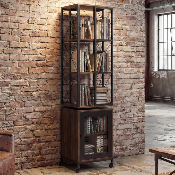 Bücherregal Standregal Drehregal Rollen Tür Metall Industrial 162x40x42cm dunkelbraun