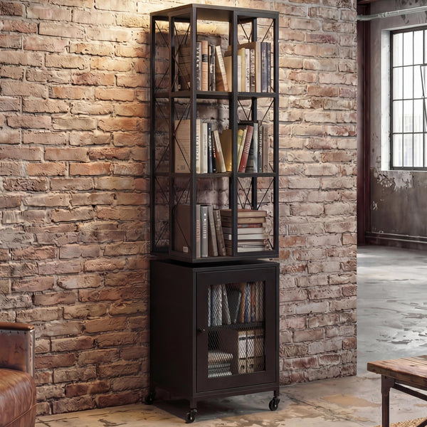 Bücherregal Standregal Drehregal Rollen Tür Metall Industrial 162x40x42cm schwarz