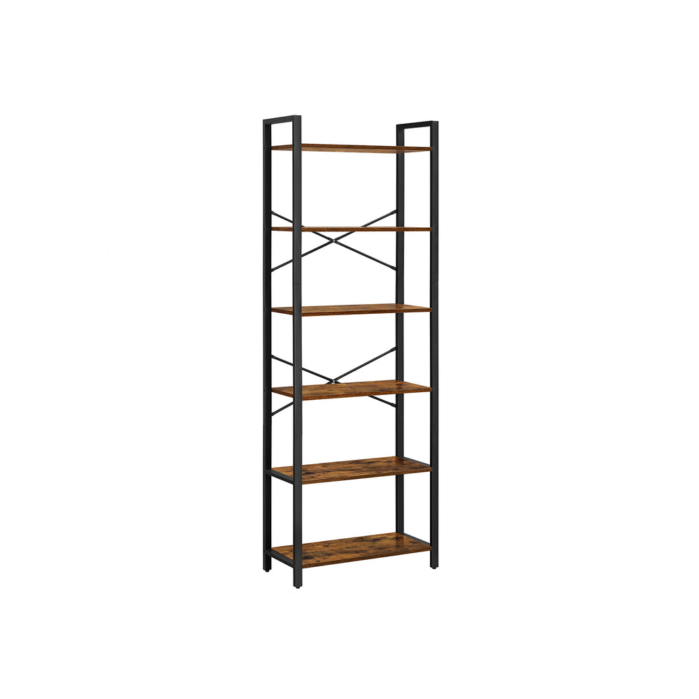 Libreria, mensola autoportante, 66x30x186cm, struttura in acciaio, marrone/nero