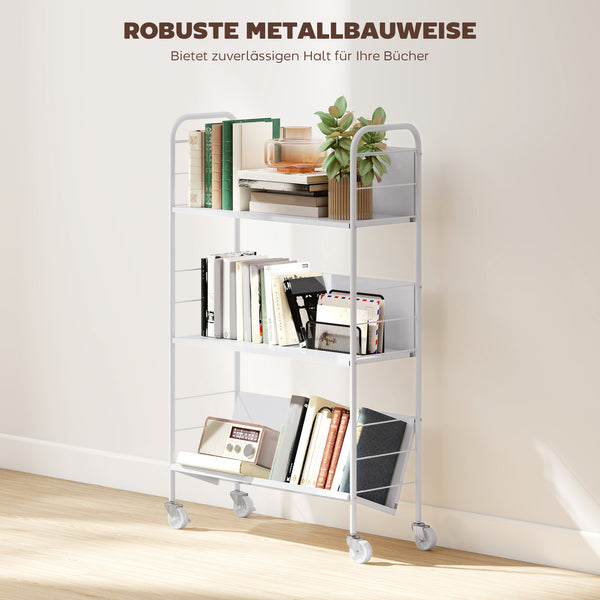 Bücherregal Aufbewahrungsregal mit Rollen und 3 Ebenen für Kinderzimmer weiss
