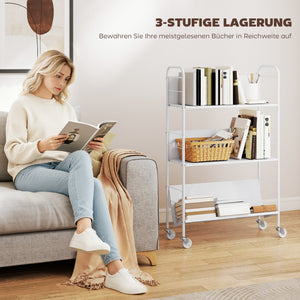 Bücherregal Aufbewahrungsregal mit Rollen und 3 Ebenen für Kinderzimmer weiss