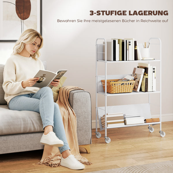 Bücherregal Aufbewahrungsregal mit Rollen und 3 Ebenen für Kinderzimmer weiss