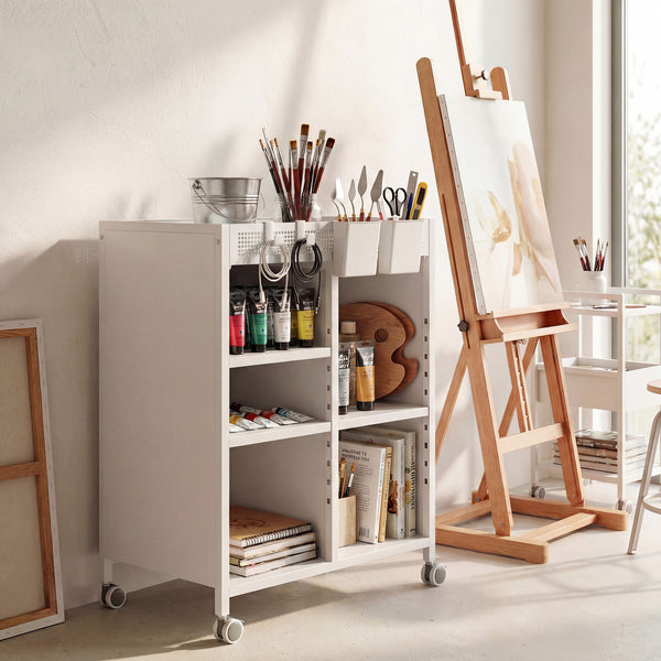 Bücherregal auf Rollen verstellbar für Wohnzimmer Büro weiss