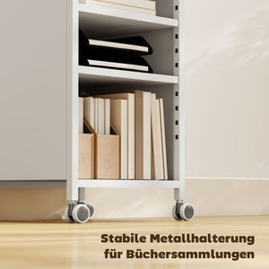 Bücherregal mobil mit verstellbaren Regalen und Rollwagen weiss
