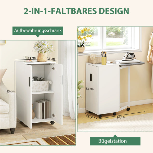 Bügelbrettschrank faltbar mit Rollen für kleine Räume weiss