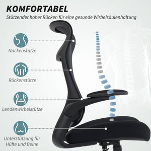 Bürostuhl ergonomisch mit Netzrücken 3D-Armlehnen Kopfstütze Schwarz