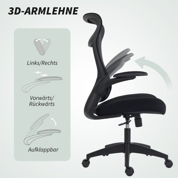 Bürostuhl ergonomisch mit Netzrücken 3D-Armlehnen Kopfstütze Schwarz