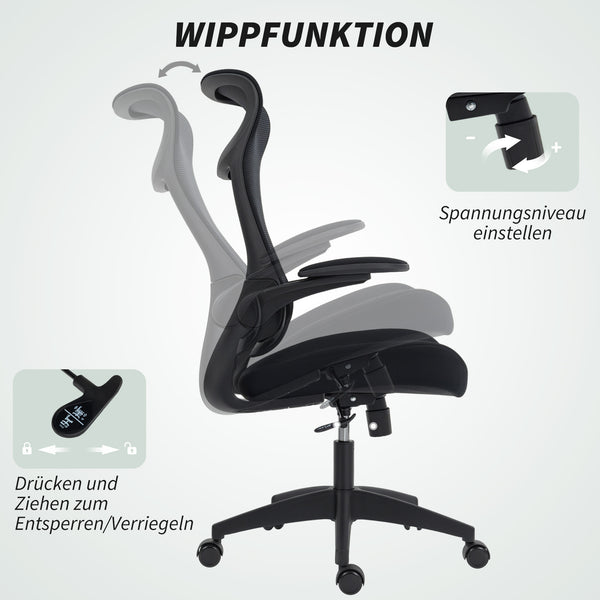Bürostuhl ergonomisch mit Netzrücken 3D-Armlehnen Kopfstütze Schwarz