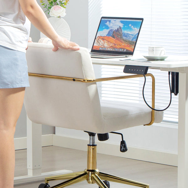 Bürostuhl rollbar Samtoptik mit Goldakzenten cremeweiss