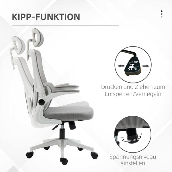 Bürostuhl ergonomisch höhenverstellbar mit Kopfstütze grau