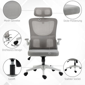 Bürostuhl ergonomisch höhenverstellbar mit Kopfstütze grau
