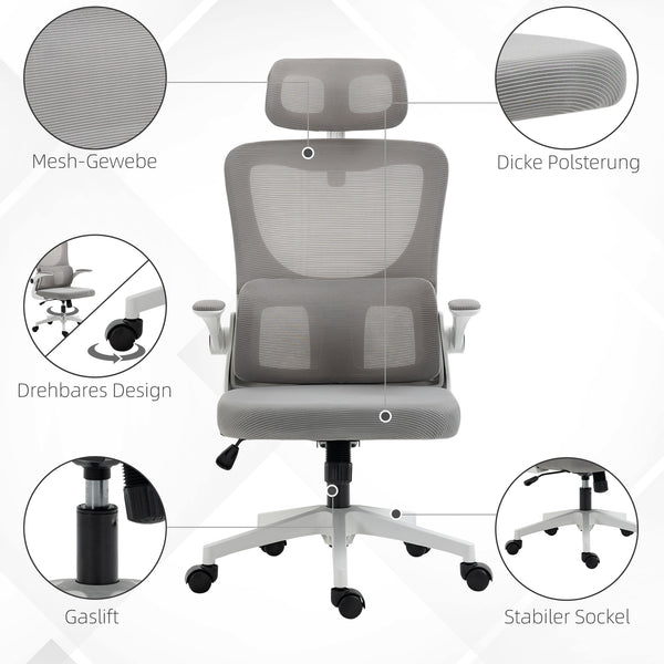 Bürostuhl ergonomisch höhenverstellbar mit Kopfstütze grau