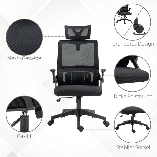 Bürostuhl ergonomisch höhenverstellbar mit Kopfstütze schwarz
