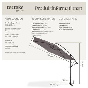 Sonnenschirm Ampelschirm Ø 350cm mit Schutzhülle grau
