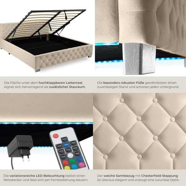 Bettset Polsterbett mit LED und Matratze Samtoptik sand 180 x 200 cm