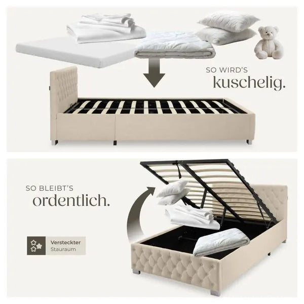 Polsterbett Sedona mit LED und Stauraum Samtoptik sand 120 x 200 cm