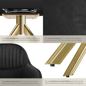 Samt-Drehstuhl Lona schwarz/gold 6er Set