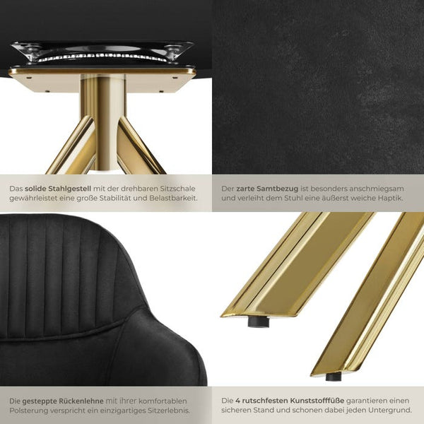 Samt-Drehstuhl Lona schwarz/gold 6er Set