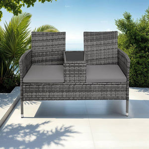 Rattan Gartensitzbank mit Tisch grau/hellgrau