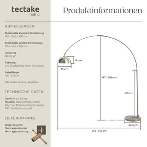 Bogenleuchte Arcus Retro-Stil Nickel matt
