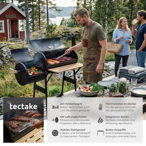Holzkohlegrill Smoker 2in1 mit Thermometer schwarz