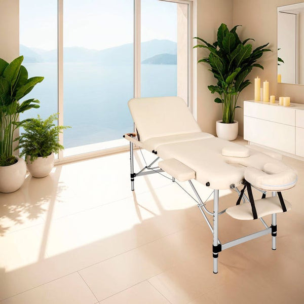 3 Zonen Massageliege mit 5cm Polsterung, Rollen und Aluminiumgestell beige