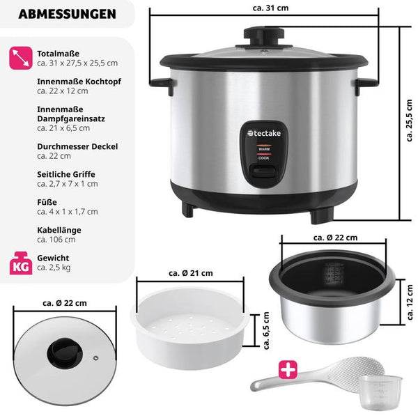 Reiskocher mit Dampfgareinsatz, 1,8 l, Warmhaltefunktion