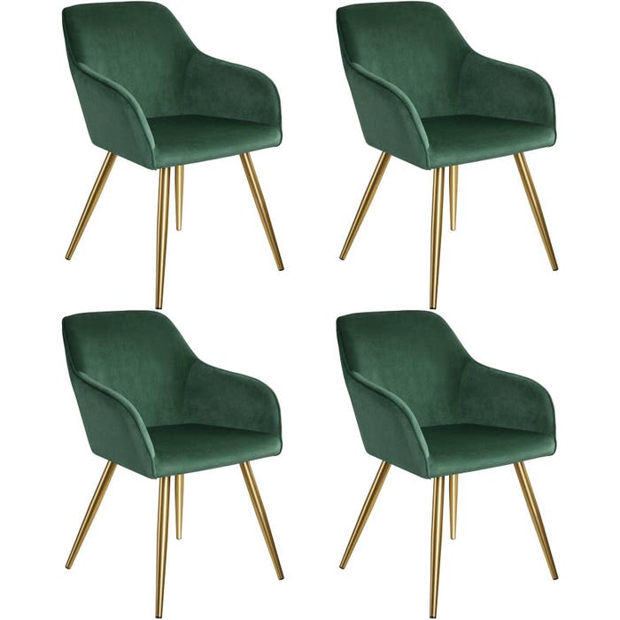 Ensemble de 4 chaises Marilyn, aspect velours, vert foncé/doré