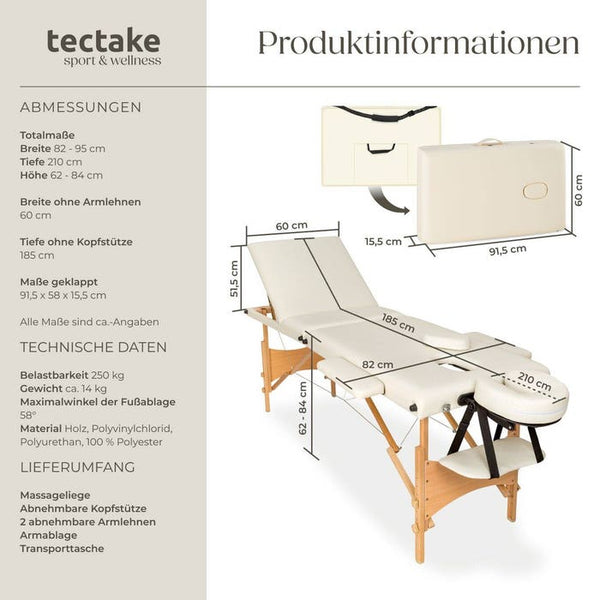 3 Zonen Massageliege mit Polsterung und Holzgestell beige