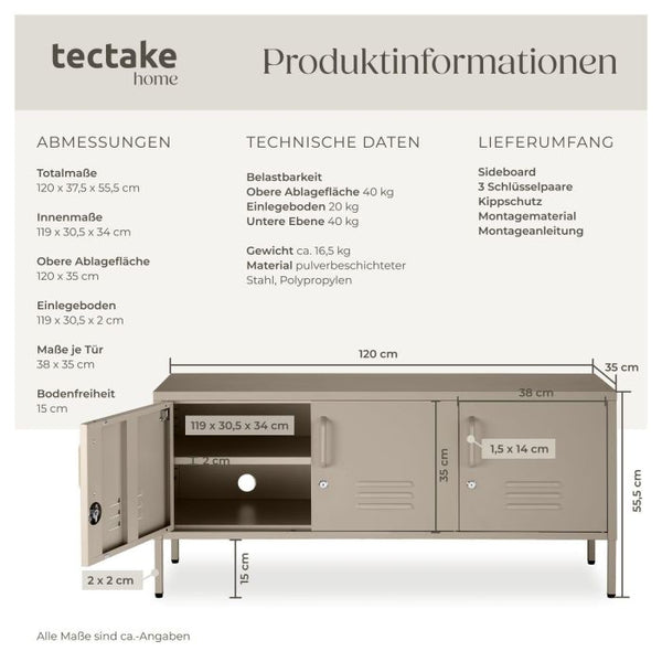 Sideboard Baker Metall abschliessbar braun 120 x 37,5 x 55,5 cm
